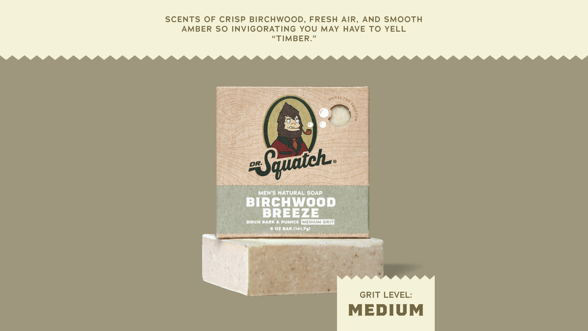 Brand and ingredient story panel for Dr. Squatch Birchwood Breeze bar soap