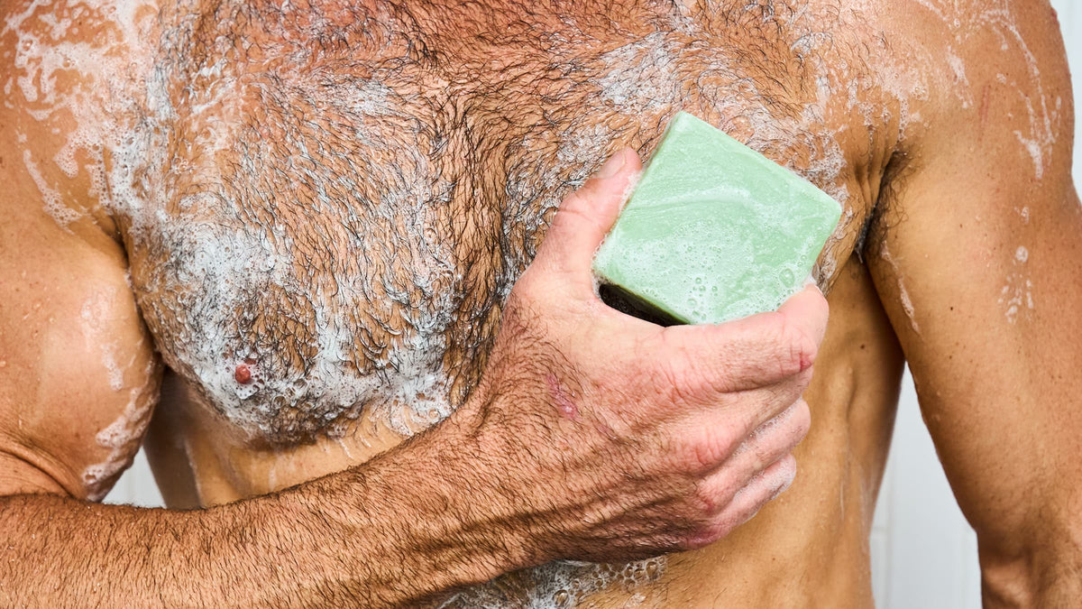 Dr. Squatch Green Tea Butter bar soap being used